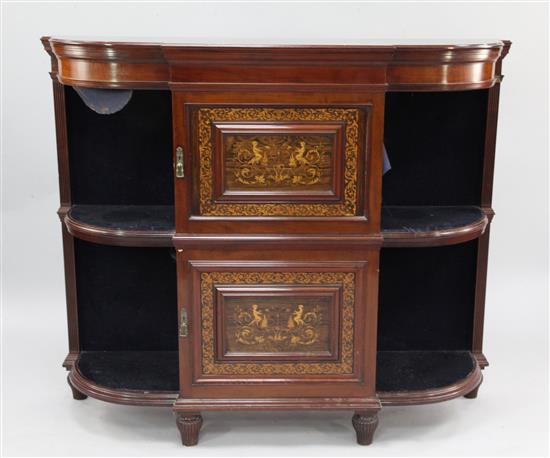 An Edwardian mahogany and marquetry inlaid breakfront side cabinet, by Collinson & Lock, W.4ft 3in.